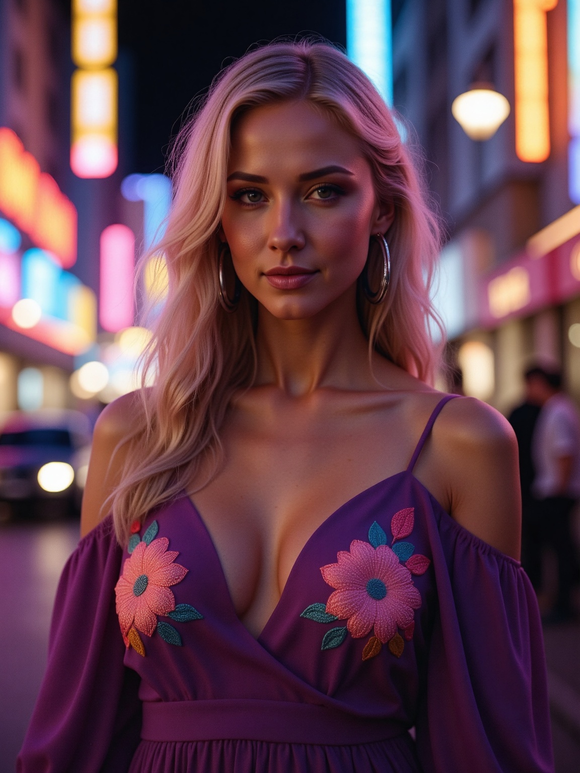 A striking woman with long,  wavy blonde hair stands confidently on a brightly lit city street at night. She wears a low-c...