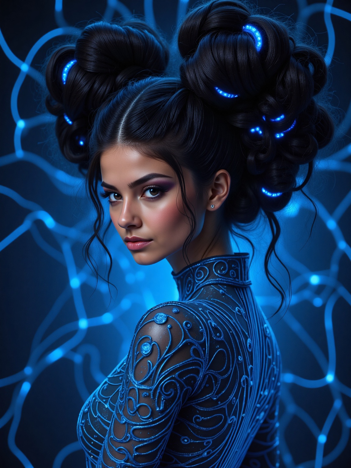 A striking figure stands adorned with elaborate neon blue light patterns. Voluminous,  dark hair,  streaked with glowing b...