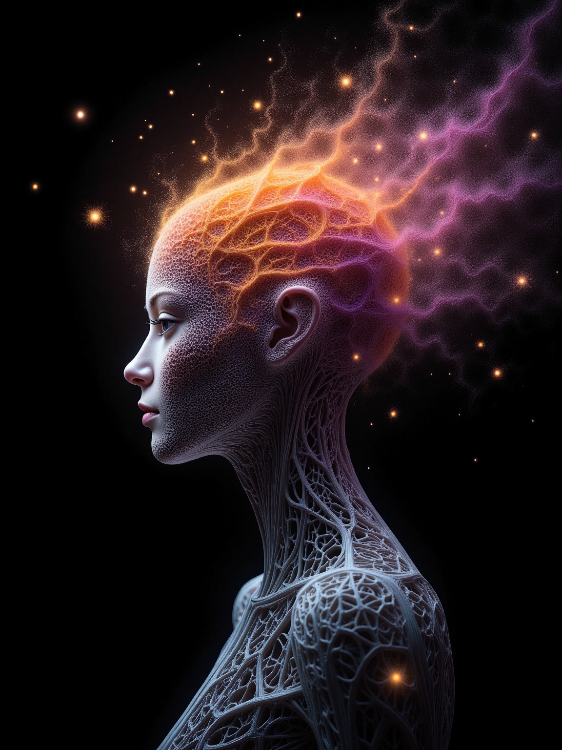 A digital,  intricately woven figure of a humanoid stands in profile against a dark background. The figure's surface is co...