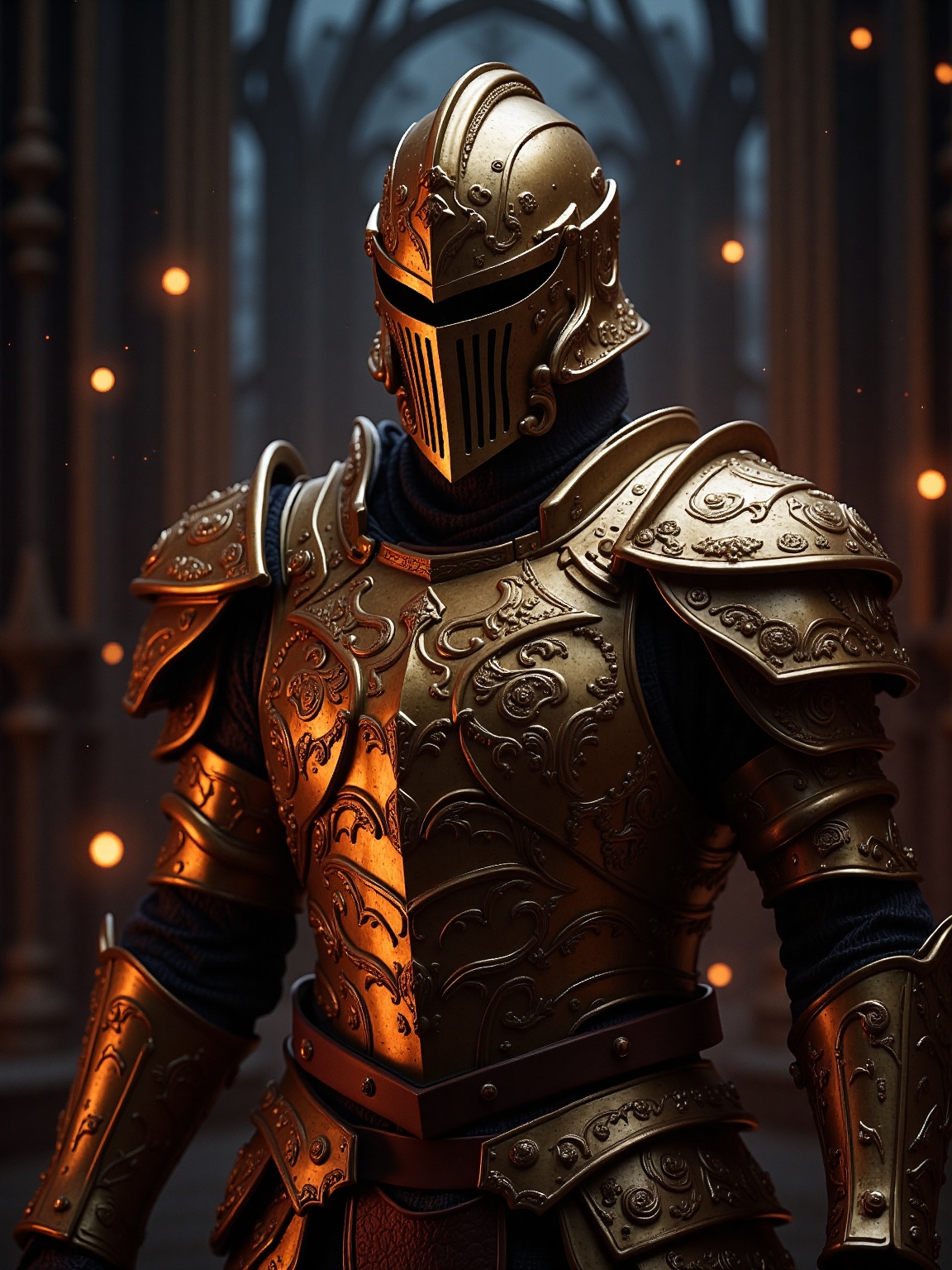 A majestic figure clad in intricately crafted golden armor stands amidst a dark,  ethereal setting. The armor,  detailed w...