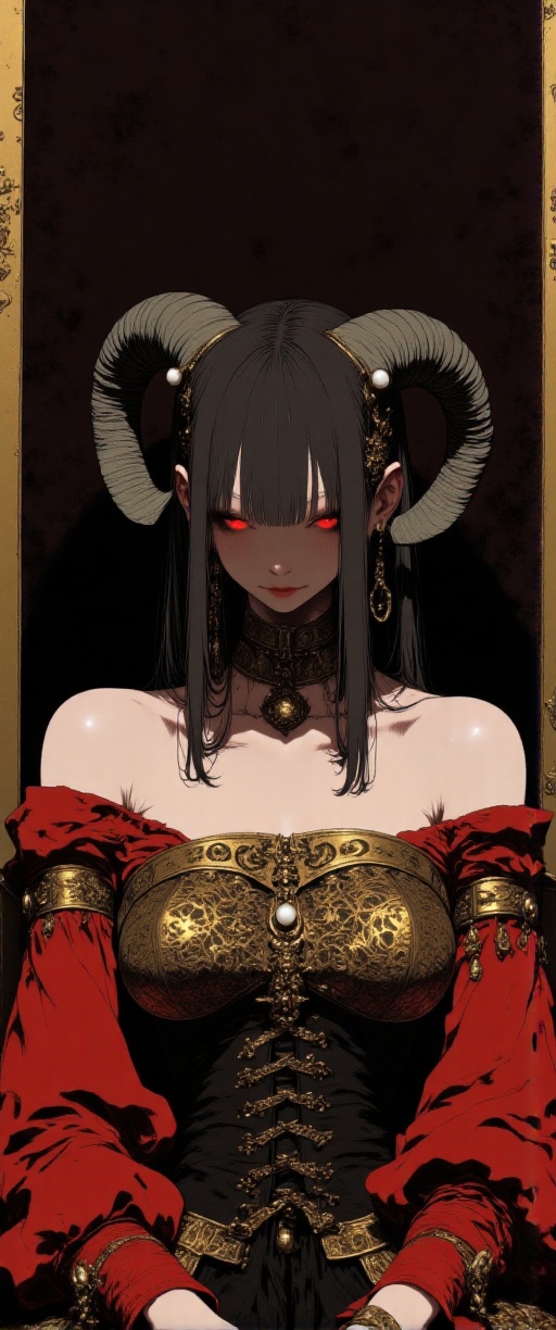 A Renaissance-style closeup portrait of of a purple skinned fluxtief from the chest up sitting before a heavy velvet dress...