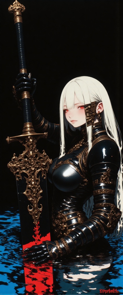 Prompt: Within a carbon black ambiance,  a solitary female figure clad in rose-platinum armor stands partially submerged i...