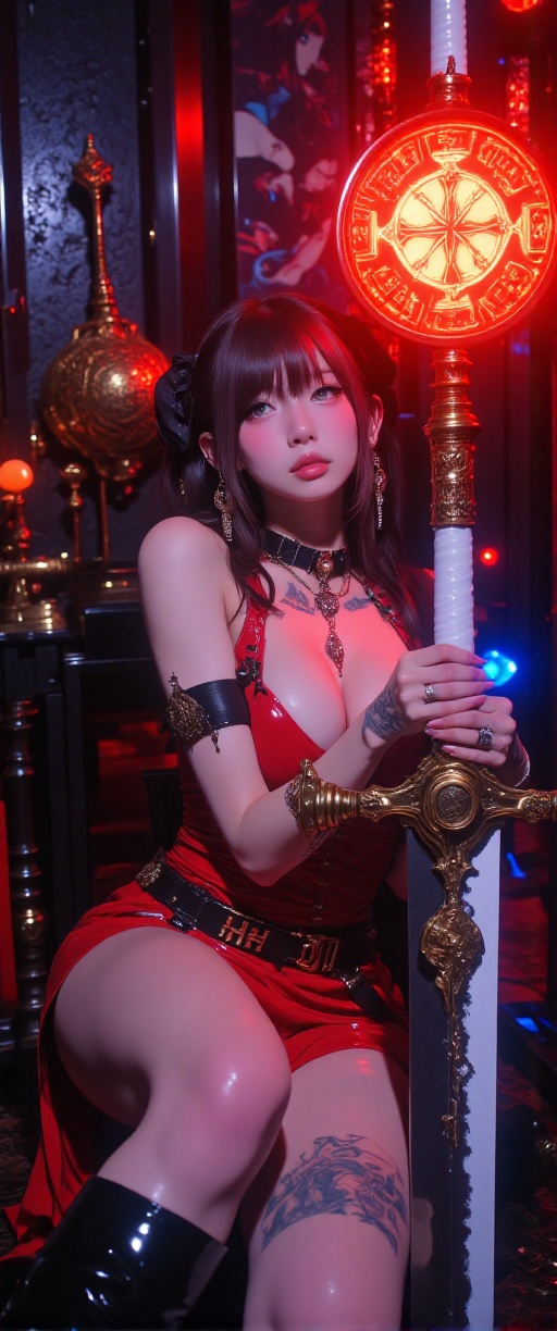 A cinematic photograph of a sultry cyberpunk mistress seated on a dark cult altar,  surrounded by neon lights and reflecti...