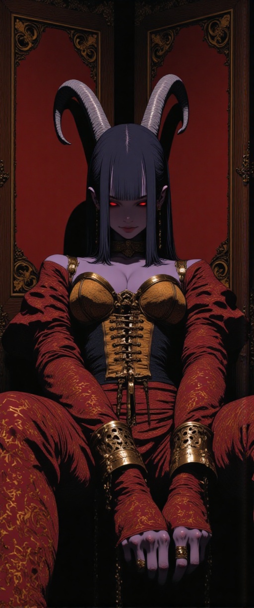 A Renaissance-style closeup portrait of of a purple skinned fluxtief from the chest up sitting before a heavy velvet dress...