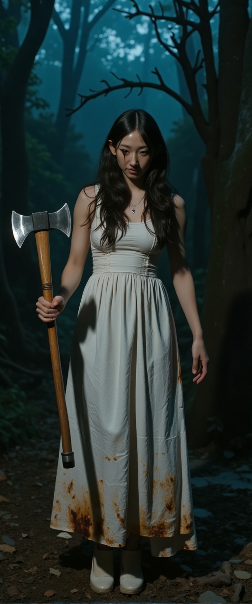 Create a chilling scene from a horror movie featuring a woman with a disheveled appearance. She is wearing a soiled brides...