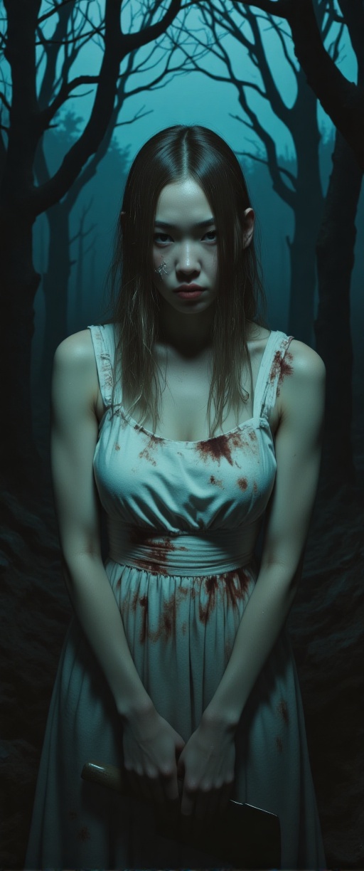 Create a chilling scene from a horror movie featuring a woman with a disheveled appearance. She is wearing a soiled brides...
