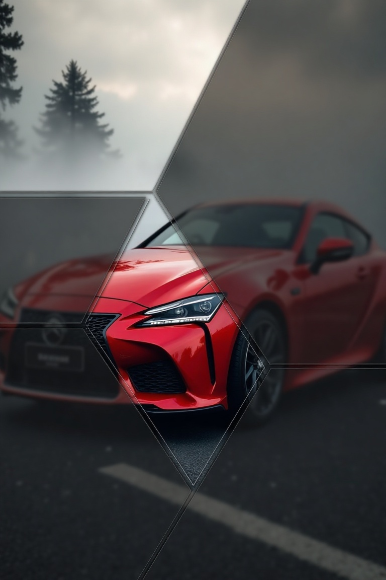 A divided geometrix hazy frame with different half panels that enhances depth and mystery,  featuring a luxury red car. Ea...