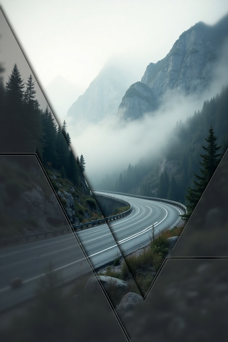 A divided geometrix hazy frame that enhances depth and mystery,  combining a winding road and towering mountains. The comp...