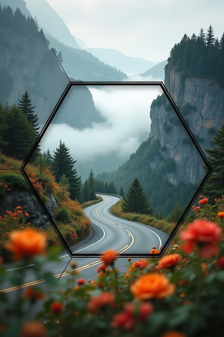 A divided geometrix hazy frame with a hexa-panel composition that enhances depth and mystery. The scene combines a winding...