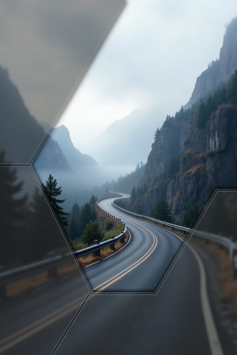 A divided geometrix hazy frame with a hexa-panel composition that enhances depth and mystery. The scene combines a winding...