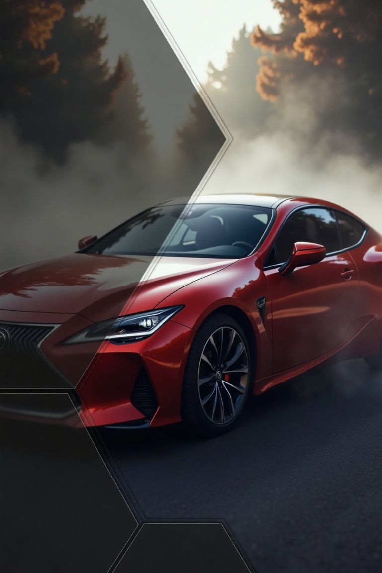 A divided geometrix hazy frame with different half panels that enhances depth and mystery,  featuring a luxury red car. Ea...