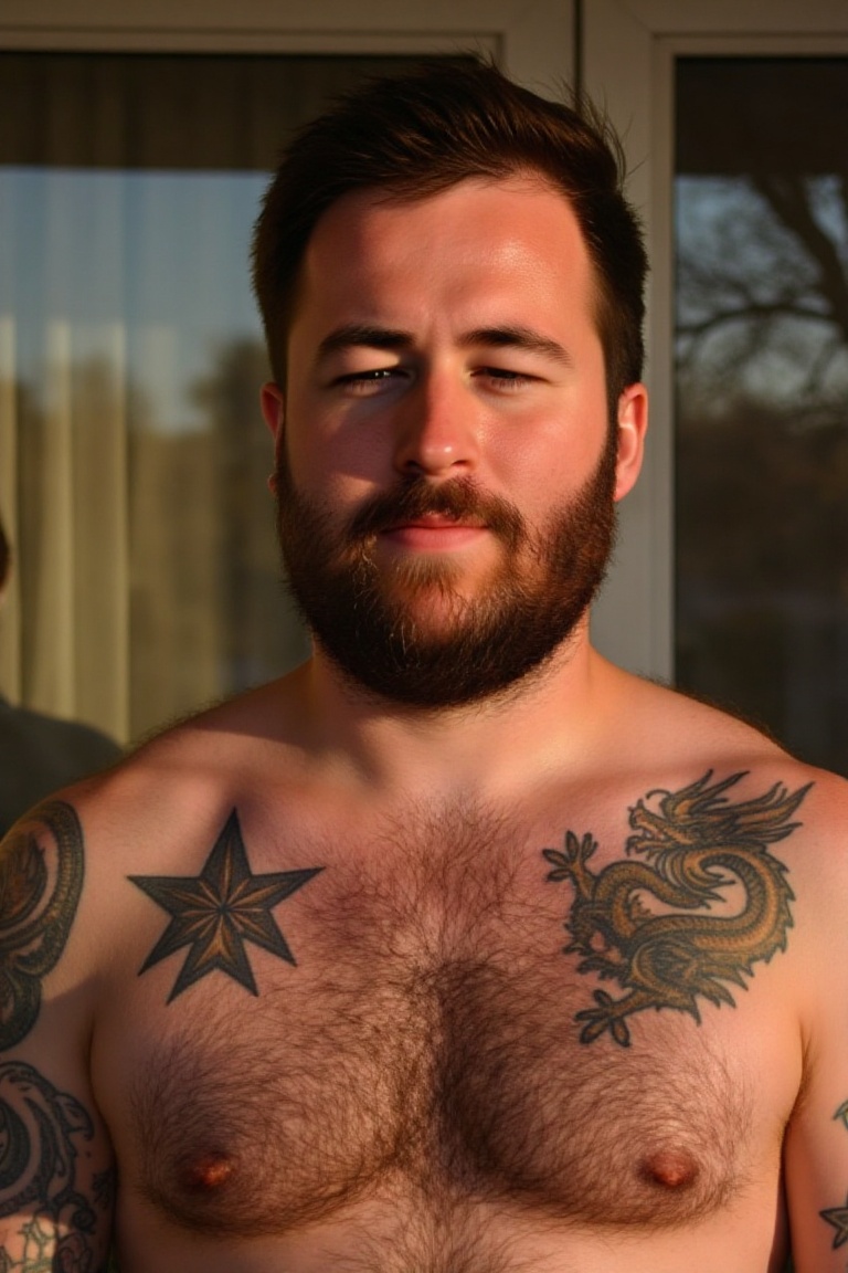 a man with a beard and short dark hair stands in front of a window. His chest is covered in tattoos,  including stars and...