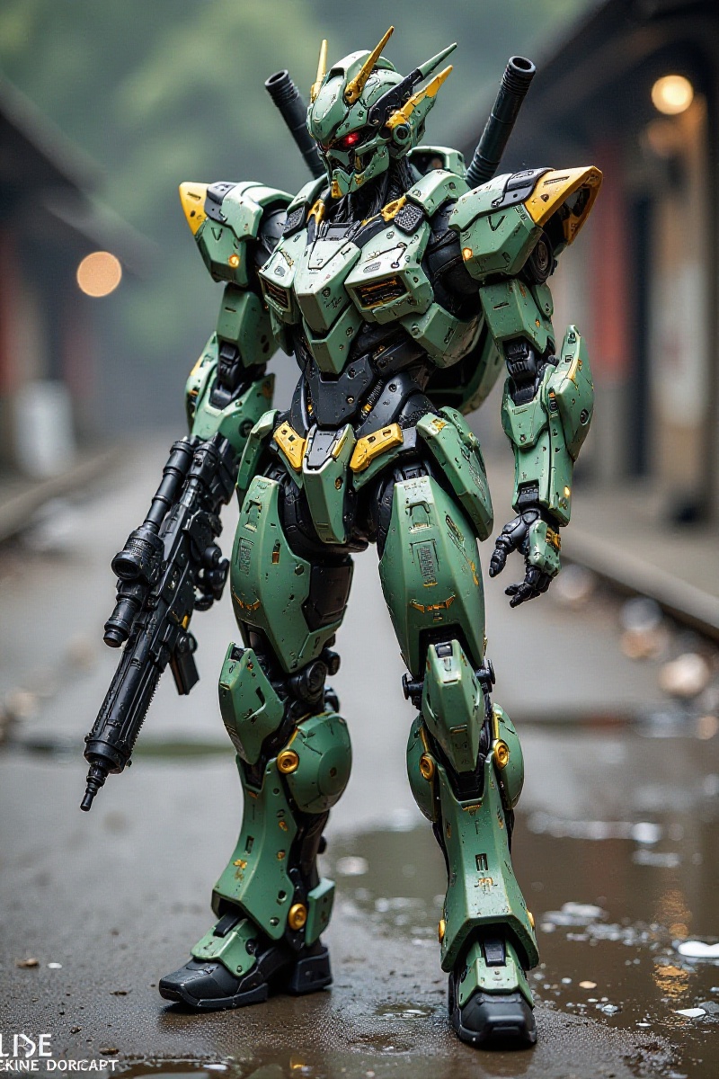a green robot-like figure stands on a gray concrete floor. The figure's body is adorned with a black gun,  a helmet,  and...