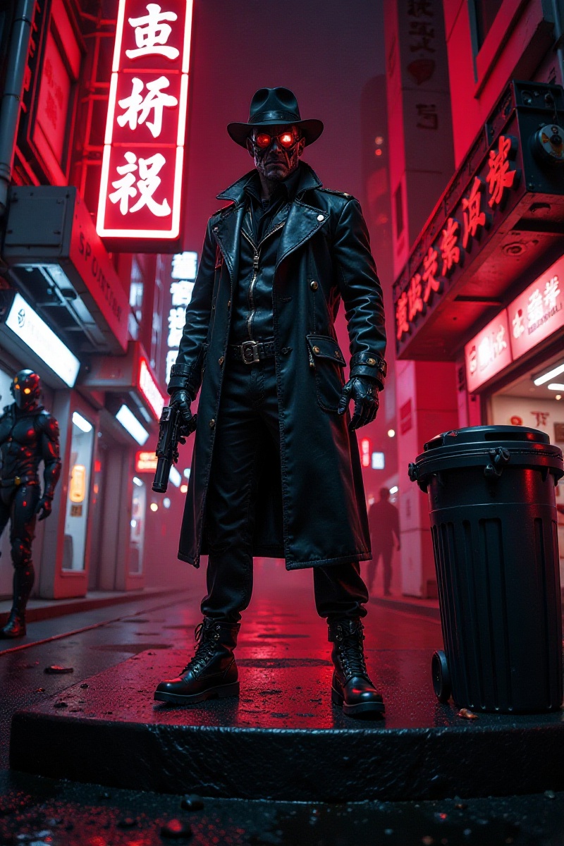 Captured at eye-level on a low-angle perspective,  a man dressed in a black trench coat,  black boots on Tensor.Art