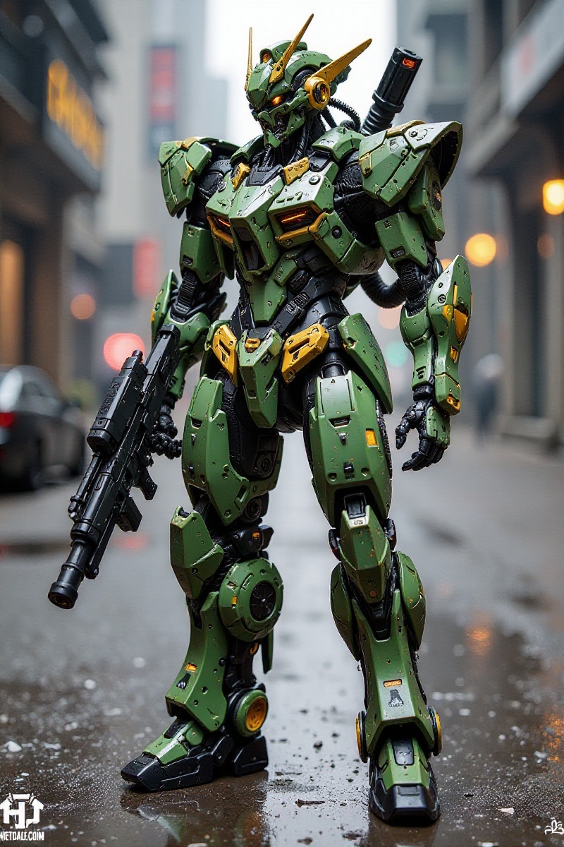 a green robot-like figure stands on a gray concrete floor. The figure's body is adorned with a black gun,  a helmet,  and...