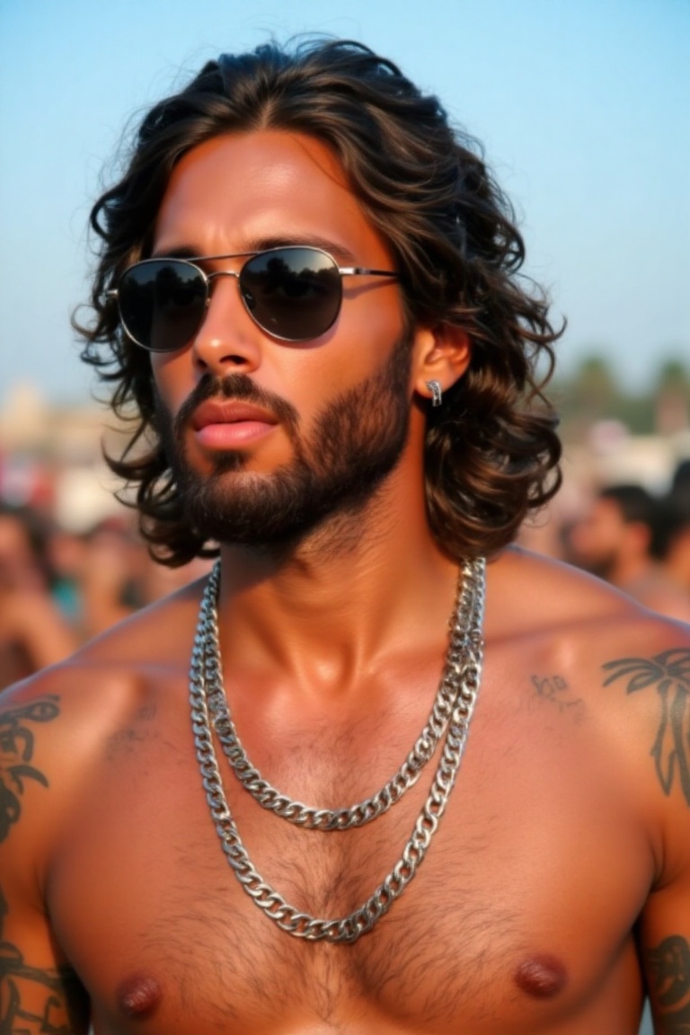 a close-up shot of a shirtless man stands in front of a blurred background of a crowd of people. The man's upper torso is...