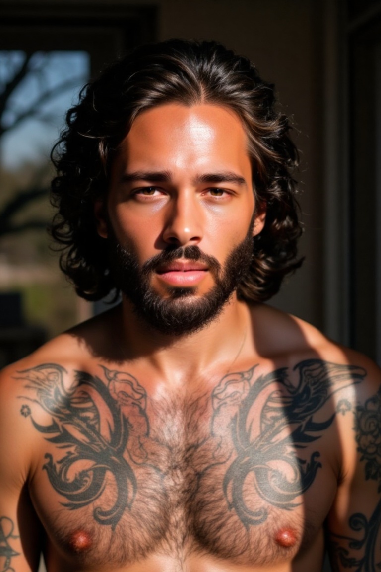 a man with a beard and short dark hair stands in front of a window. His chest is covered in tattoos,  including stars and...