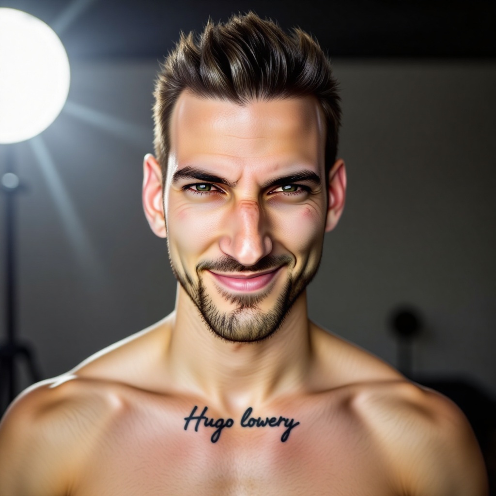 a medium-sized man with dark hair and a goatee is smiling at the camera. His eyes are slightly open,  and his lips are sli...