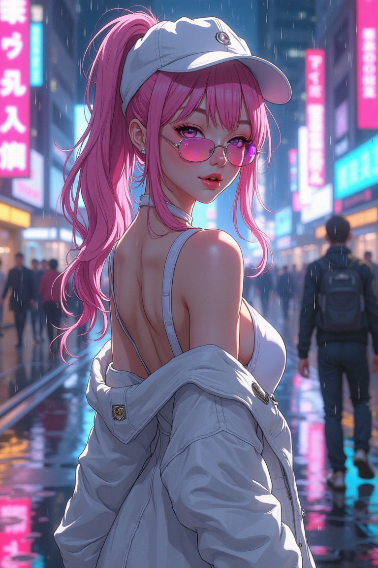 A stunning,  epic girl with heterochromia and pink hair styled in a ponytail,  wearing a futuristic white outfit with a ja...