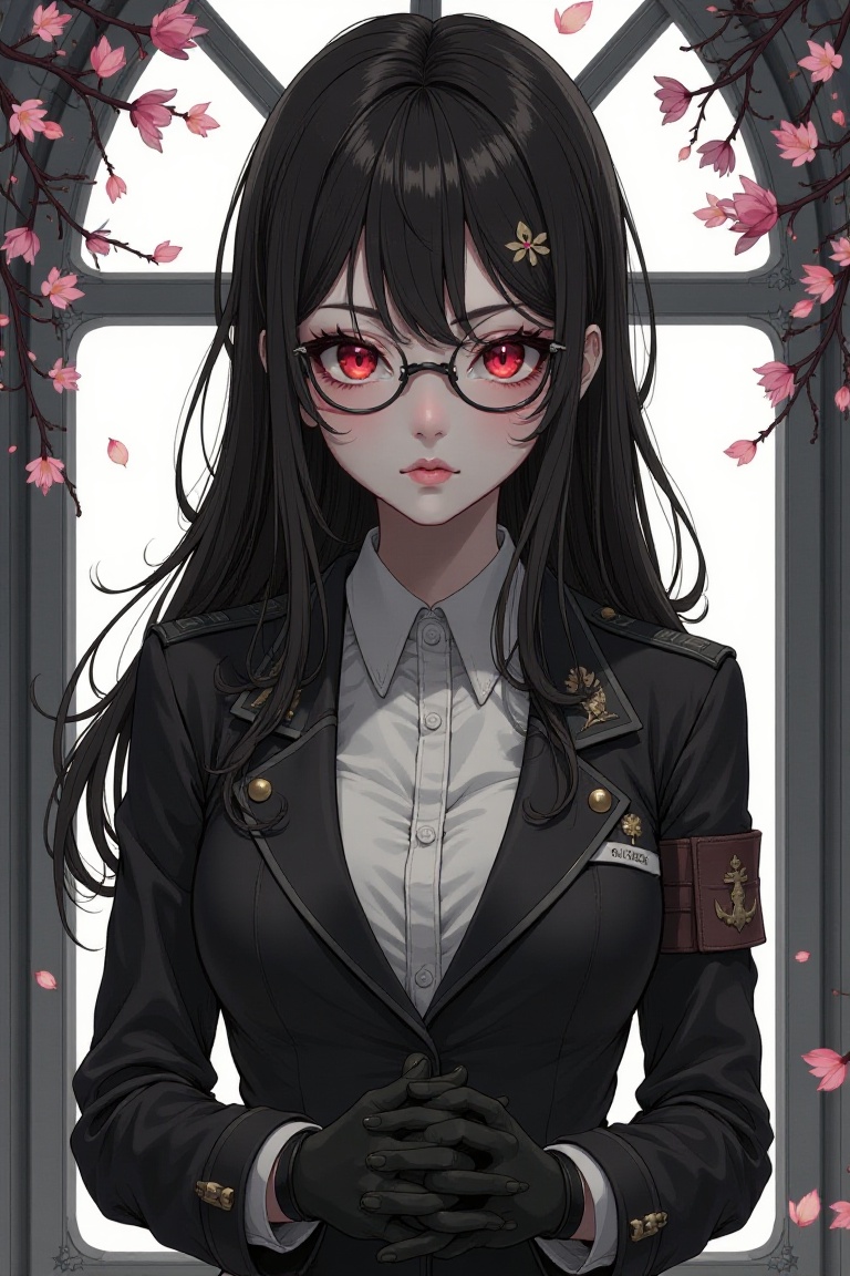 A stern-faced woman with red eyes and round eyewear gazes directly at the viewer in a comic-style monochrome portrait. She...