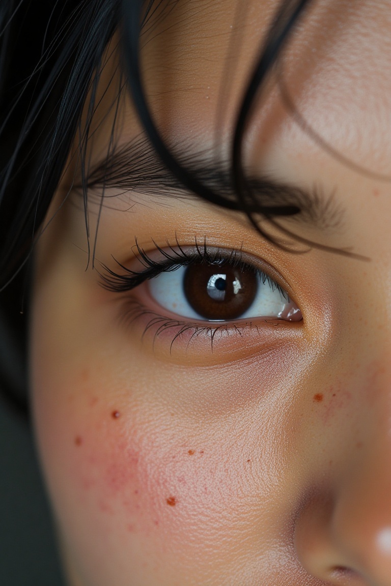 a closeup on the skin pores on the eyelashes of a young female,  focus on the eye blemishes,  freckles on Tensor.Art