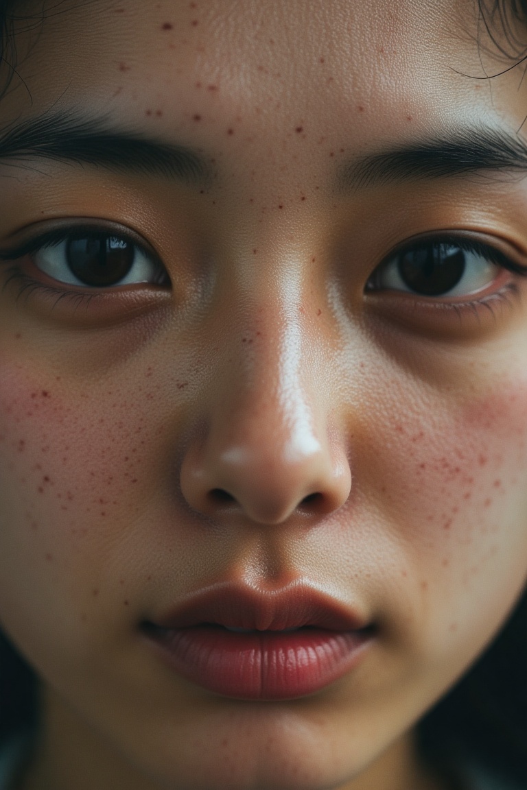 Impure pores,  The image shows a close-up of an individual's face with a focus on the skin texture. There appears to be a...