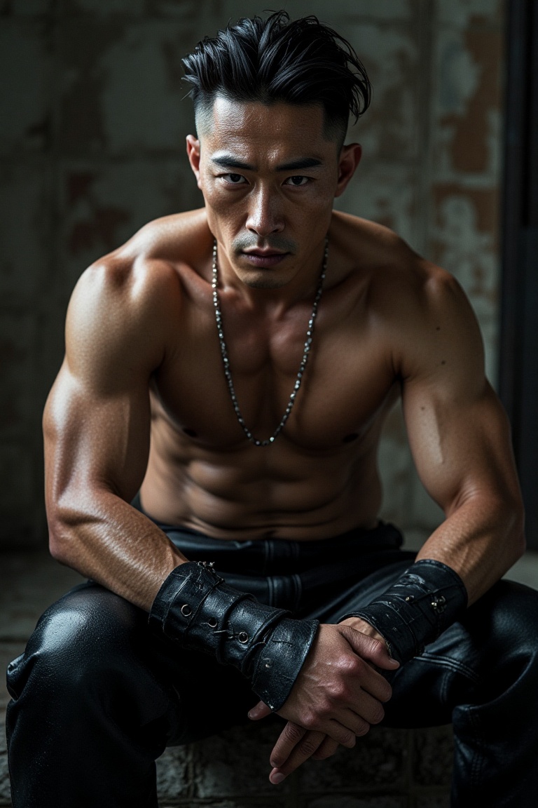 create an image of a strong intimidating asian boy warrior that is a muscular body builder warrior,  with Iron Skin,  shor...