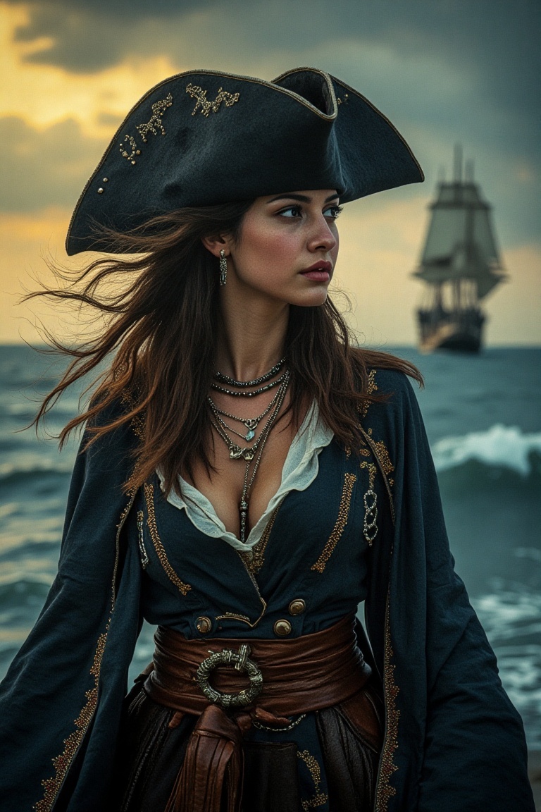 A majestic female pirate stands at the ship's edge,  her long,  wavy hair flowing in the sea breeze like the richly detail...