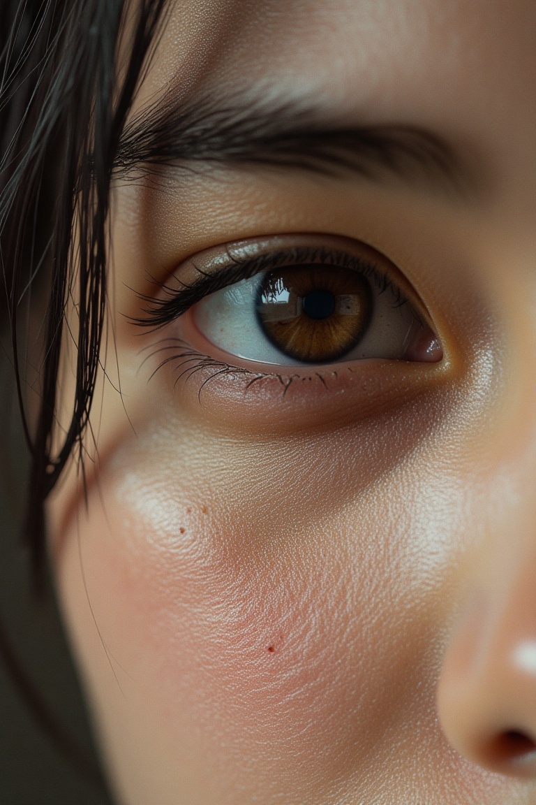 a closeup on the skin pores on the eyelashes of a young female,  focus on the eye blemishes,  freckles on Tensor.Art