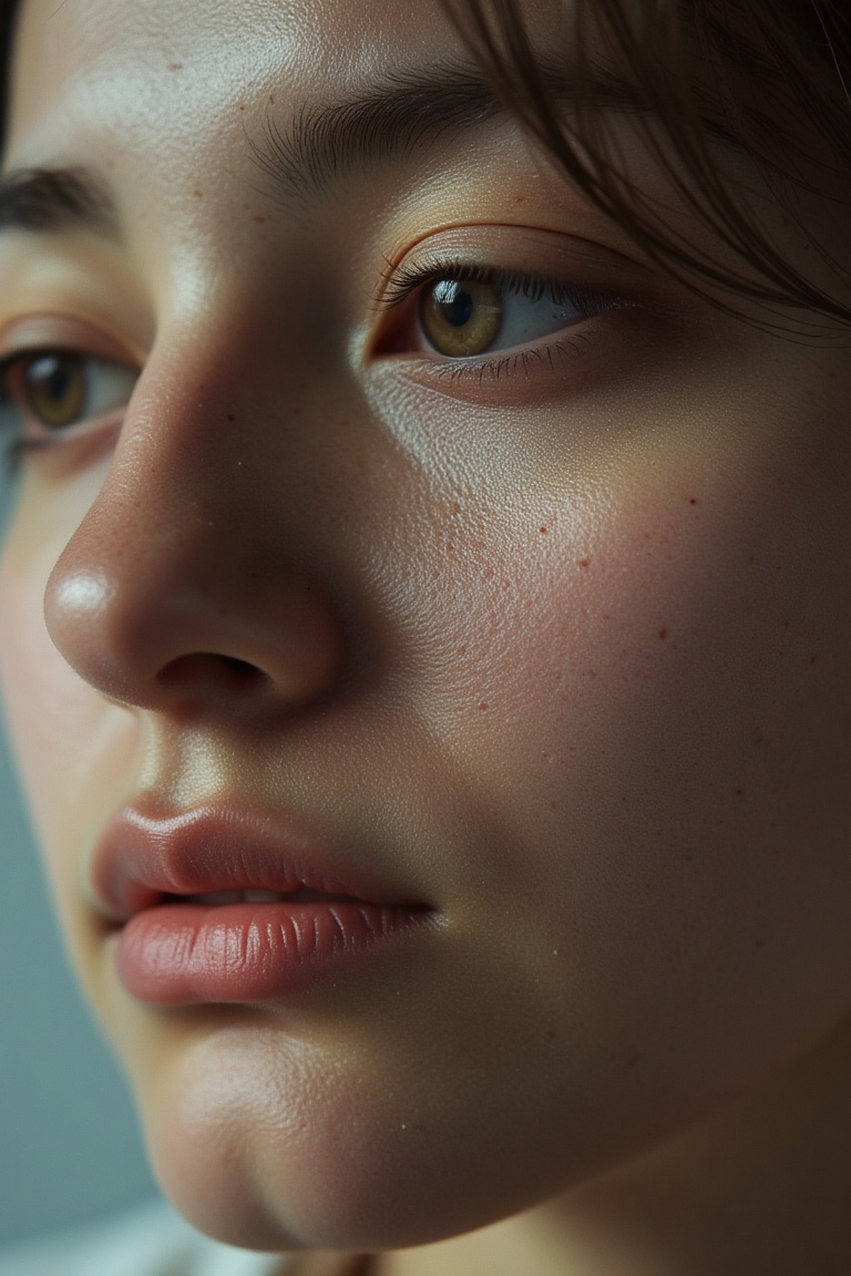 Impure pores,  The image shows a close-up of an individual's face with a focus on the skin texture. There appears to be a...