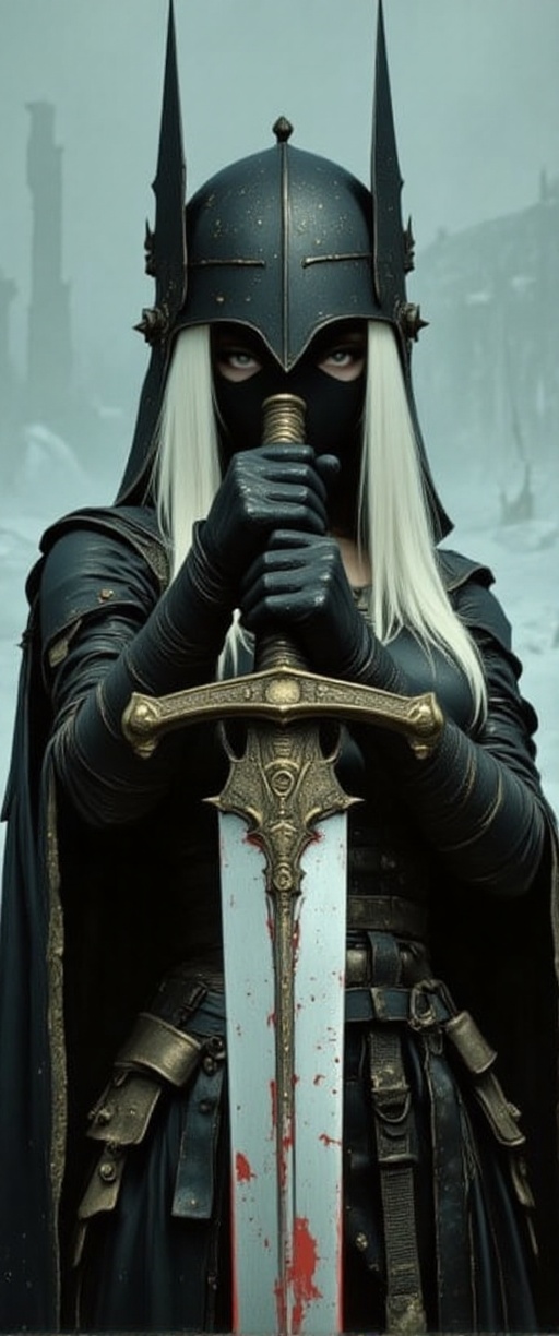 An image of a gloomy warrior in leather armor. On it,  a black helmet in the form of a crown covers the eyes with long poi...