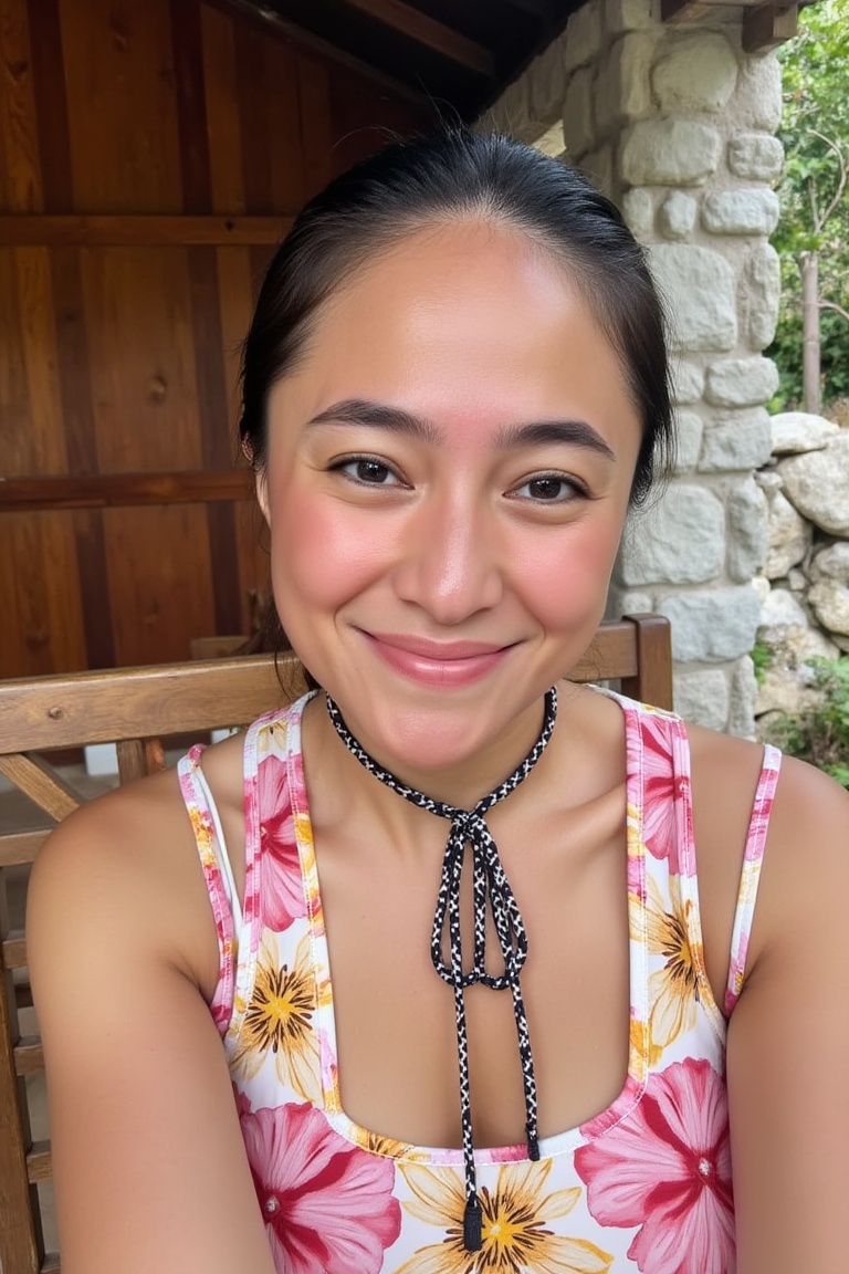 a close-up shot of an Asian woman,  with short dark brown hair,  is smiling at the camera. She is wearing a sleeveless top...
