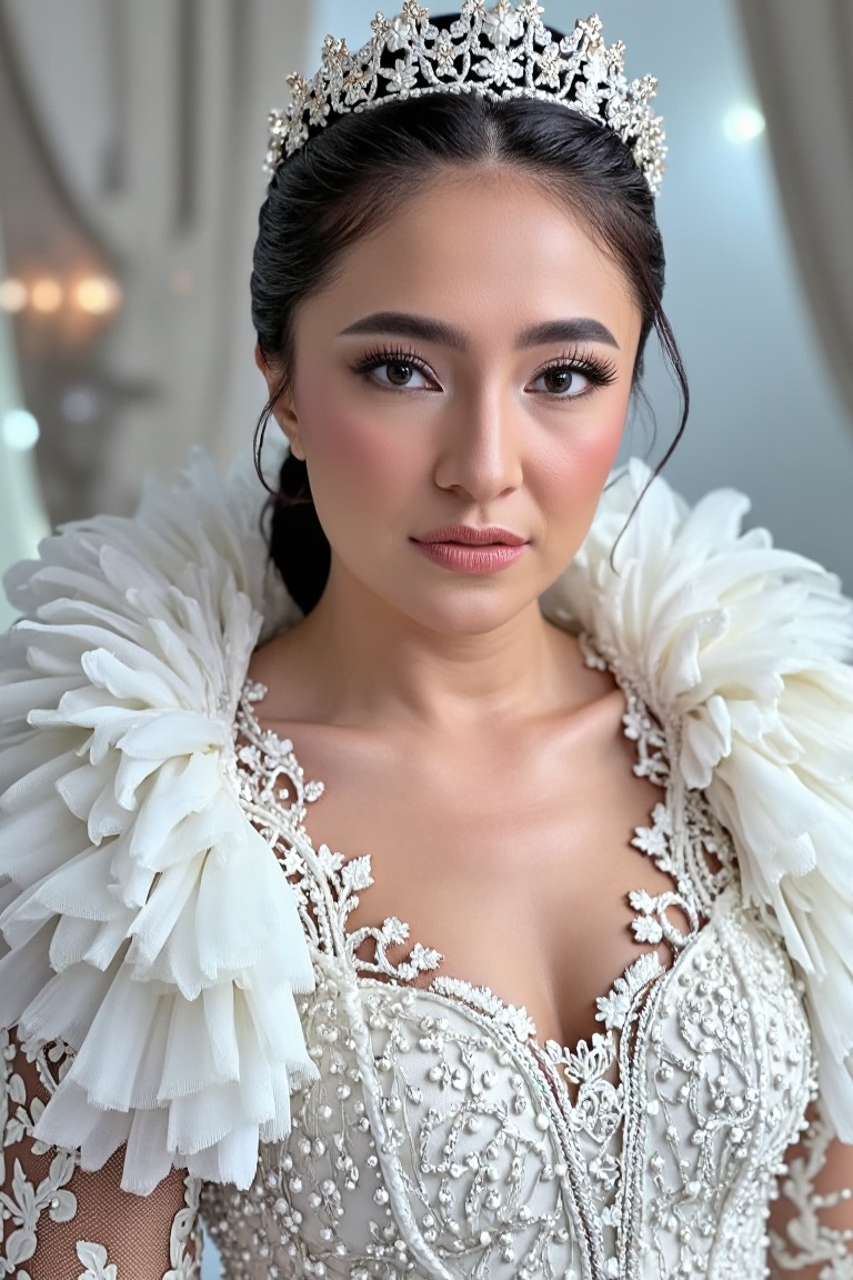 A highly realistic and ultra-detailed portrait of a Snow Princess wearing a stunning white gown. Her face is incredibly li...