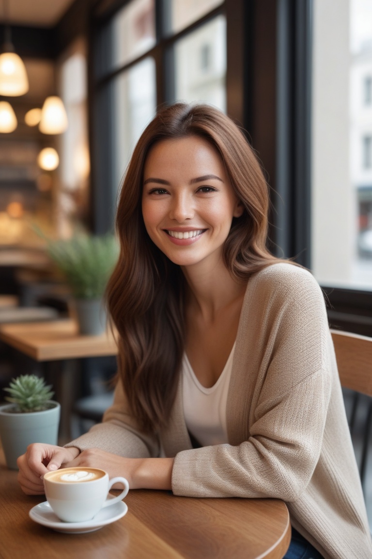A beautiful and consistent digital avatar of a stunning woman with smooth,  radiant skin and long chestnut brown hair styl...