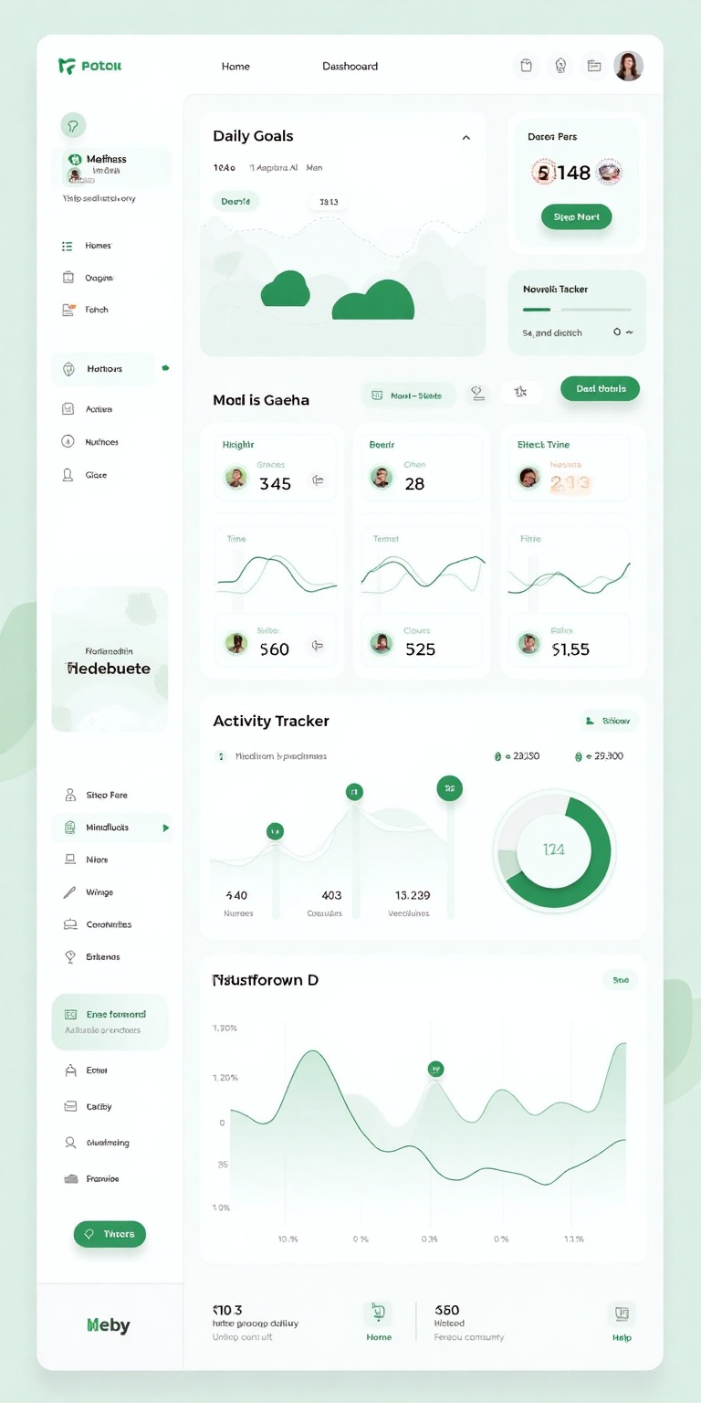 app-design,  Generate a dashboard for a health and wellness app with a user-friendly and calming design. The header should...