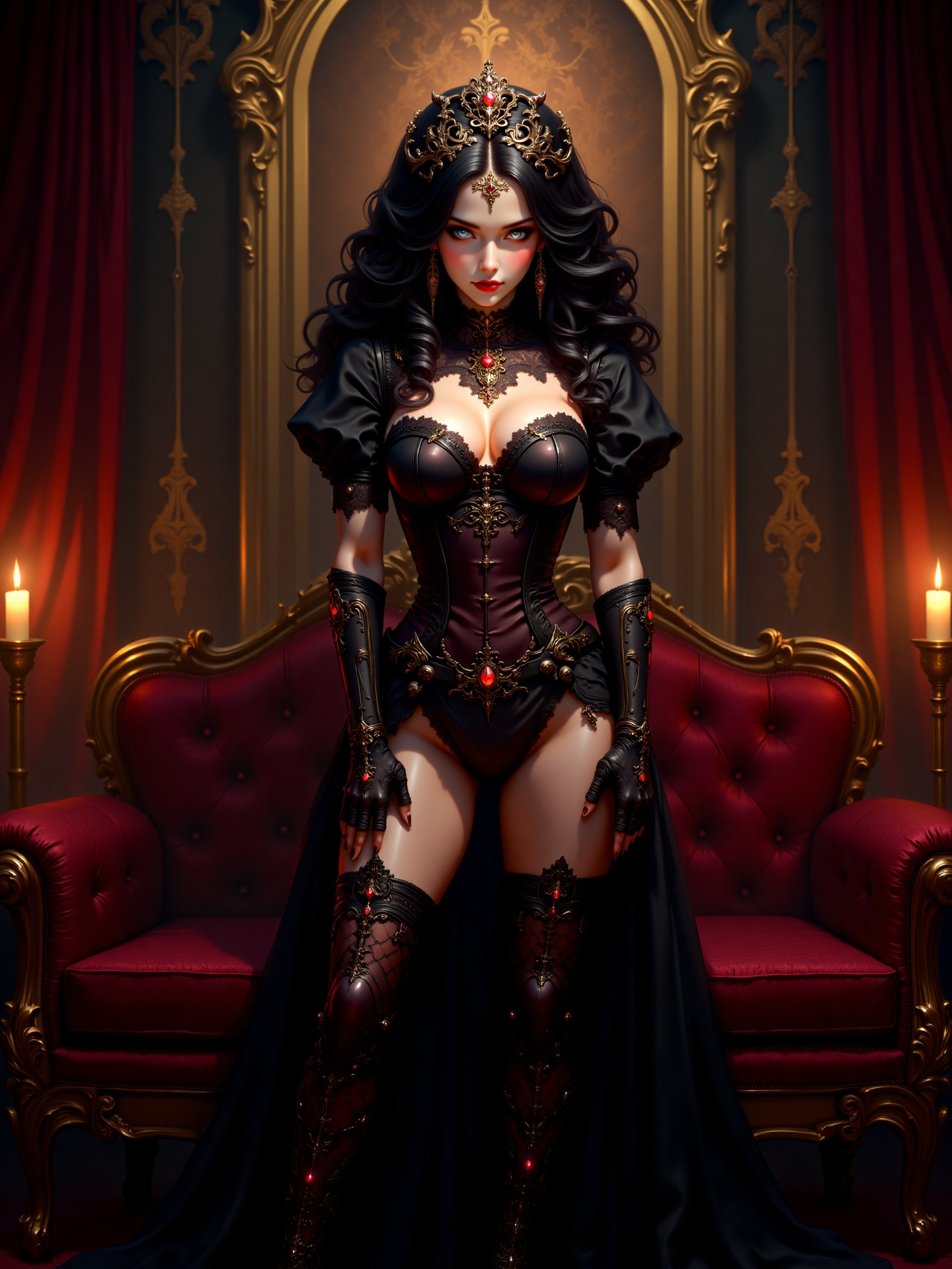 A full-body,  centerfold pin-up portrait of a gothic-themed model with a luxurious,  cyber-Victorian twist. The model on T...