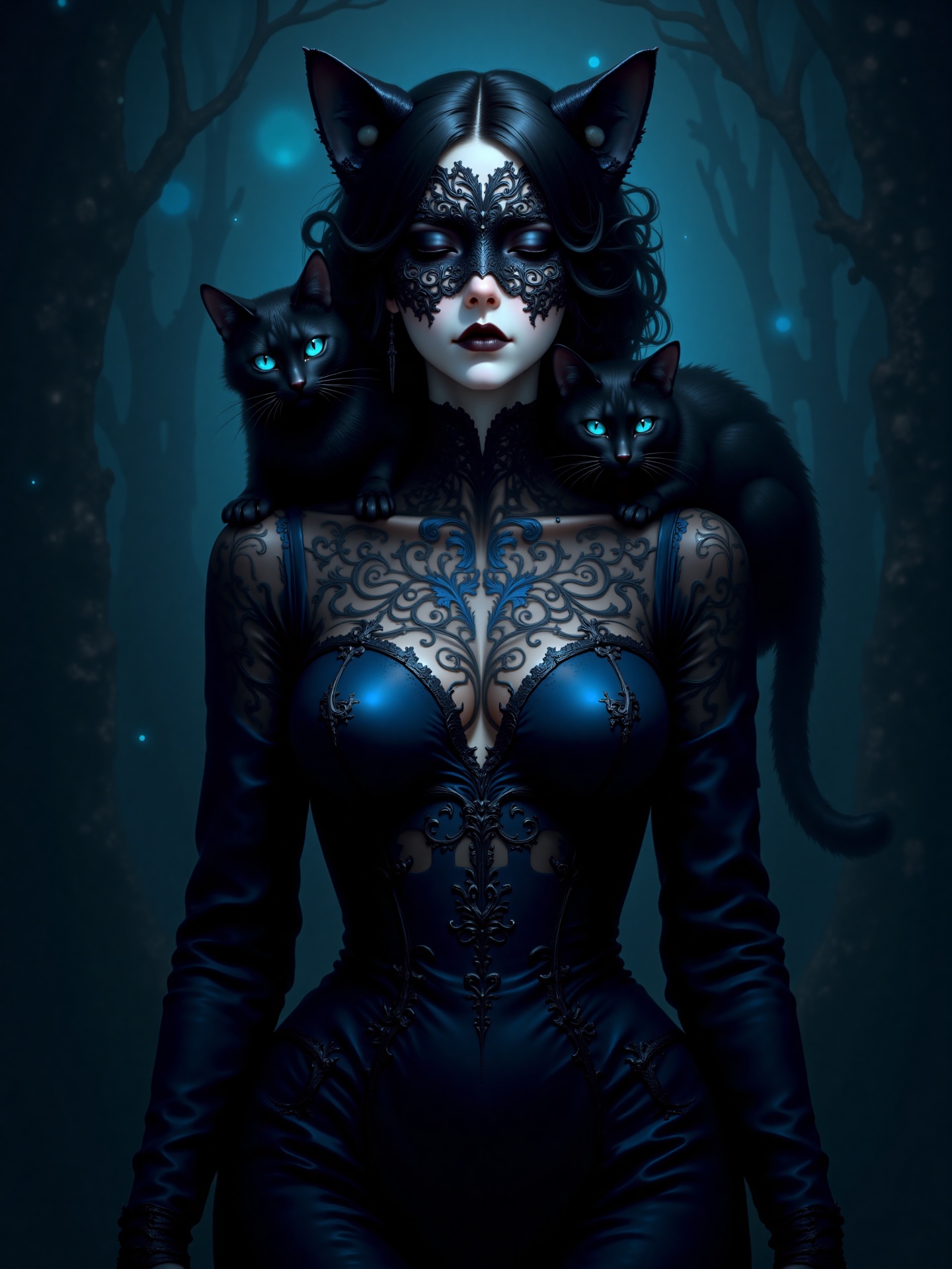 A highly detailed photograph in a surreal,  dark gothic style. The central figure is a woman with an androgynous appearanc...