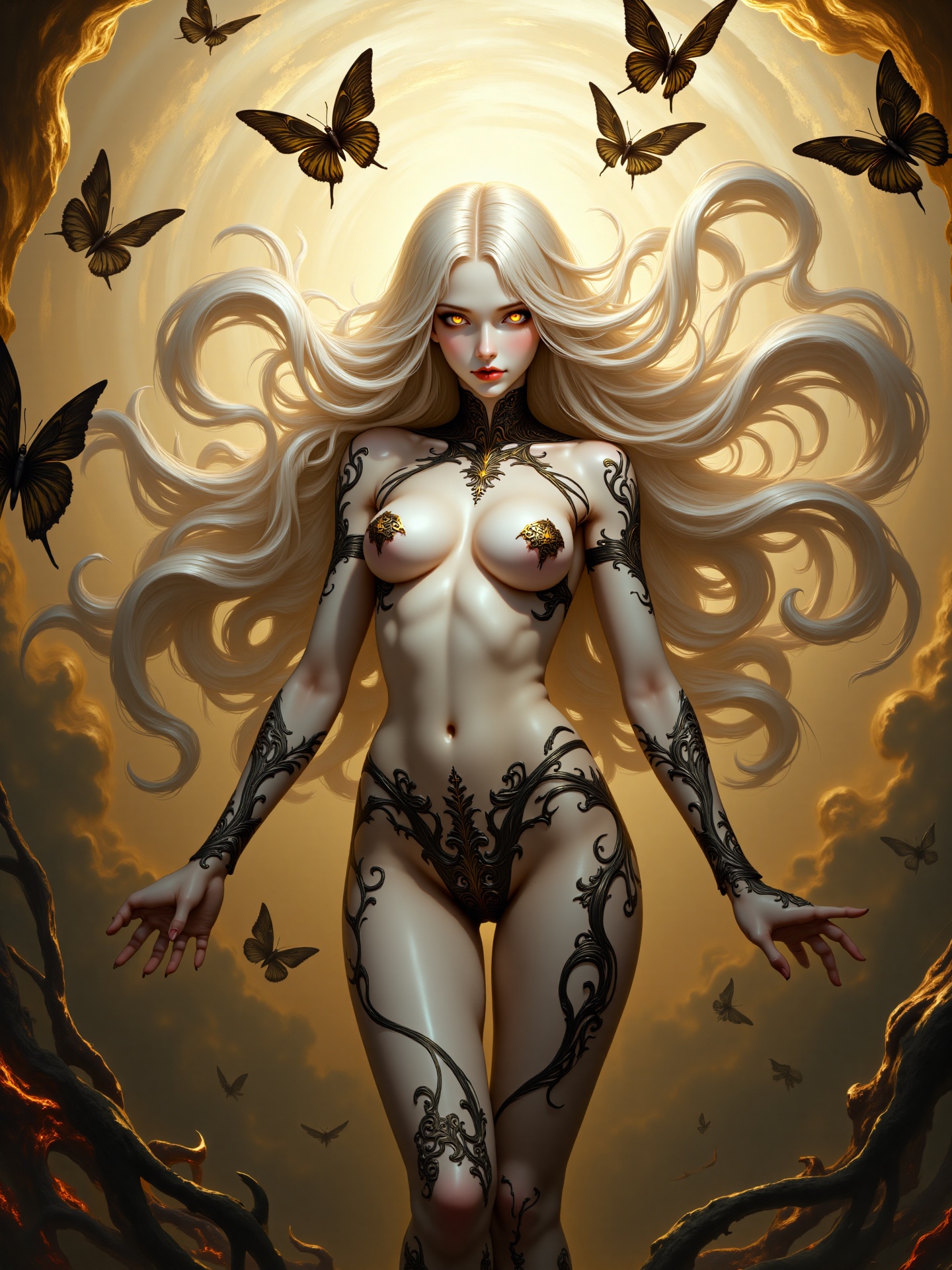 A highly detailed photograph in a surreal,  fantasy style. It features a striking,  ethereal figure of a woman with long o...