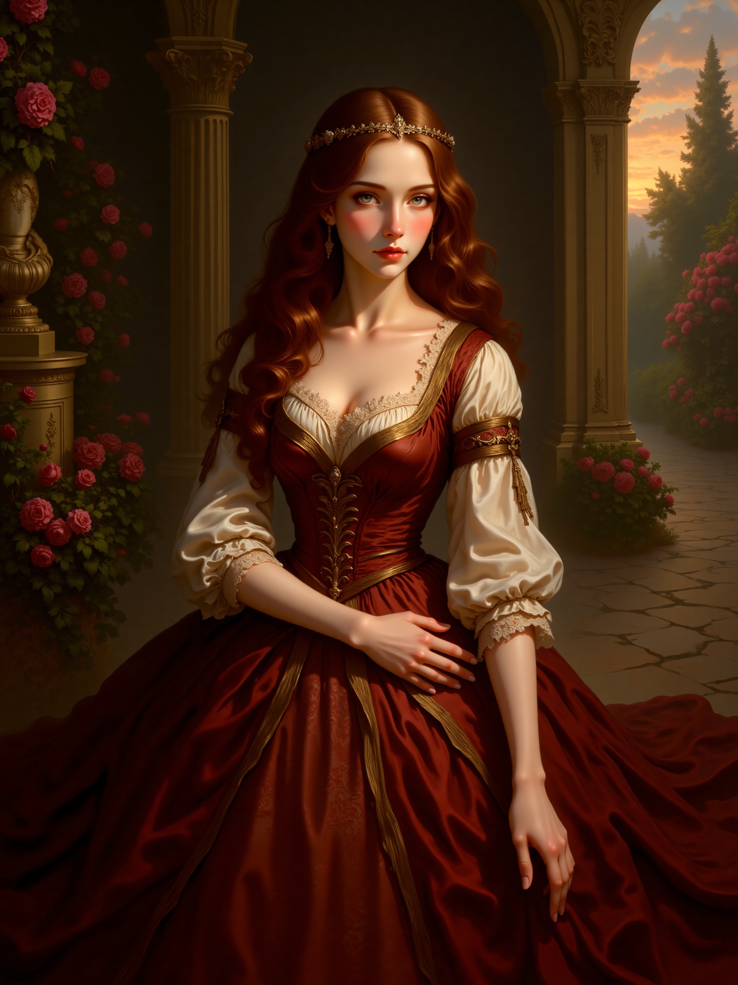 A beautiful young woman dressed in a sumptuous Renaissance dress,  with a deep crimson bodice and flowing sleeves that rev...