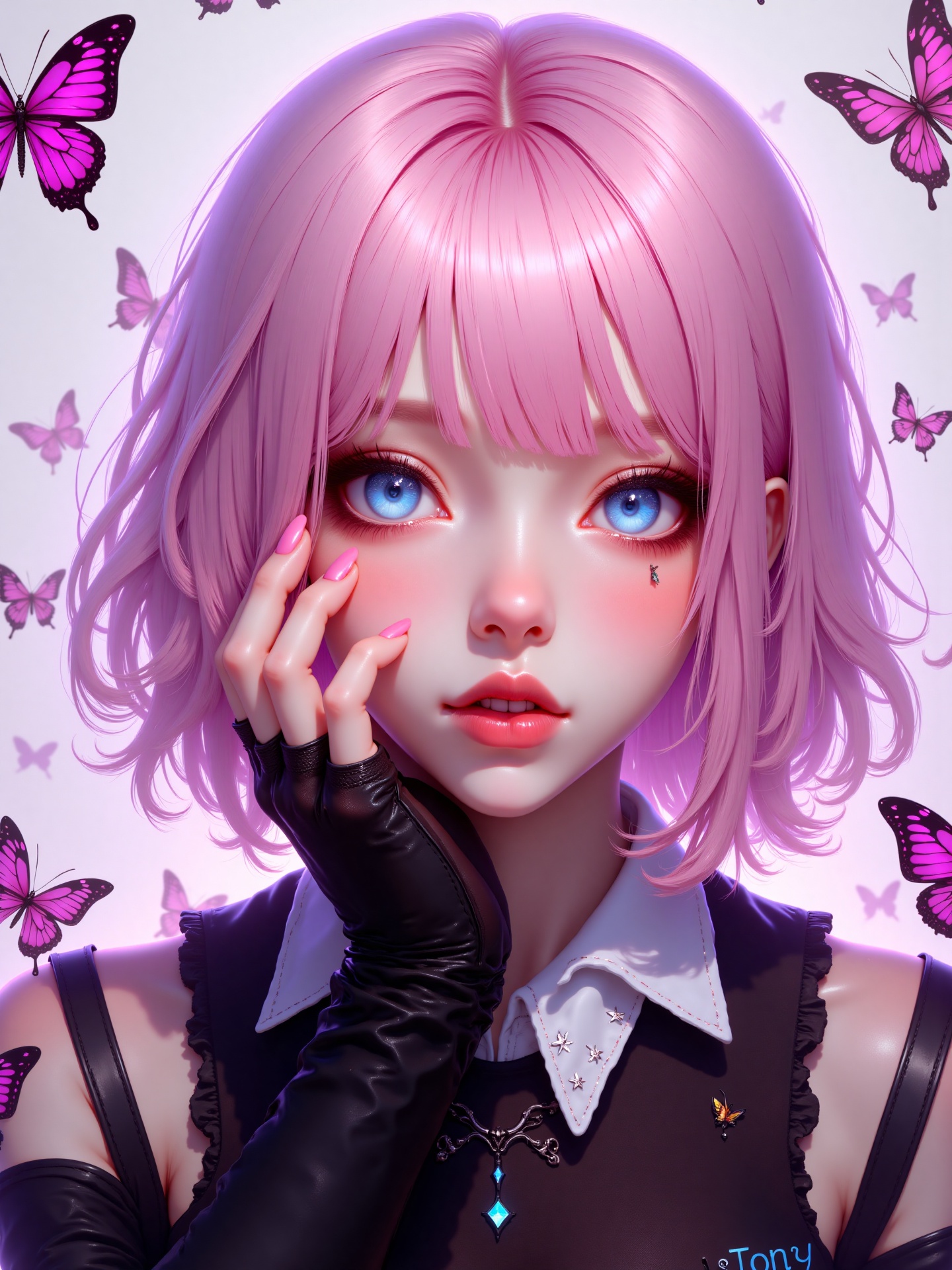 A highly detailed of a young woman with a striking,  futuristic aesthetic. She has short,  straight on Tensor.Art