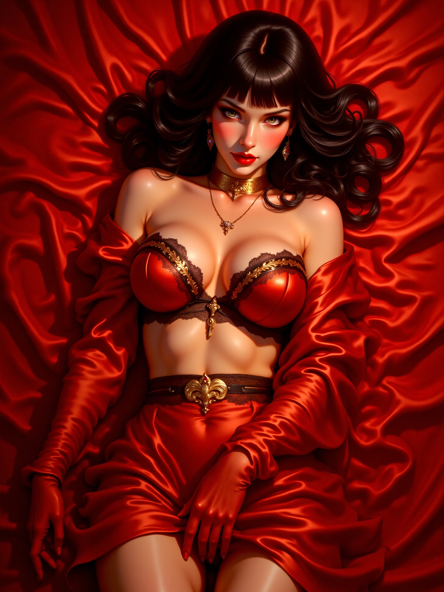highly detailed photograph of Bettie Page,  posing elegantly in the center of a glamorous scene inspired by Olivia De Bera...