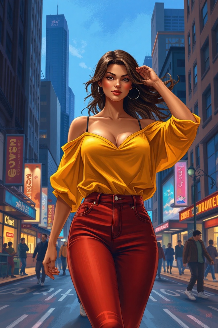 S0koraH3n Style Painting,  a big breasted young woman with brown hair cascading over her shoulders adjusts her hair as she...