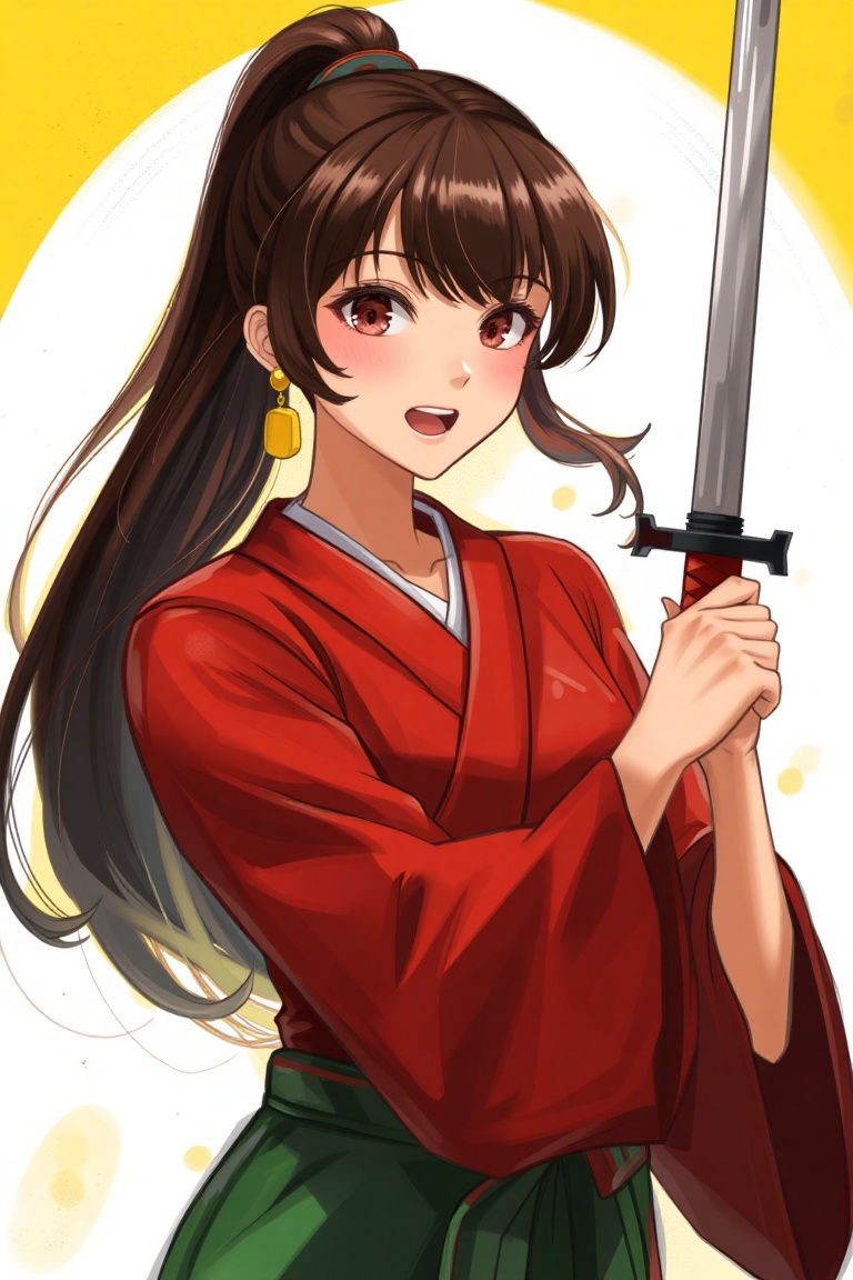 S0koraH3n Style Painting,  An animated image of a woman with long dark brown hair and red eyes. She is wearing a red kimon...