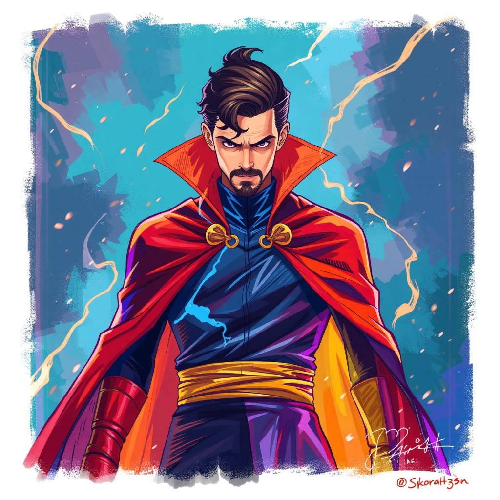 S0koraH3n Style Painting,  of a Marvel Comics Hero Doctor Strange,  with vibrant and contrasting colors. The style is clea...
