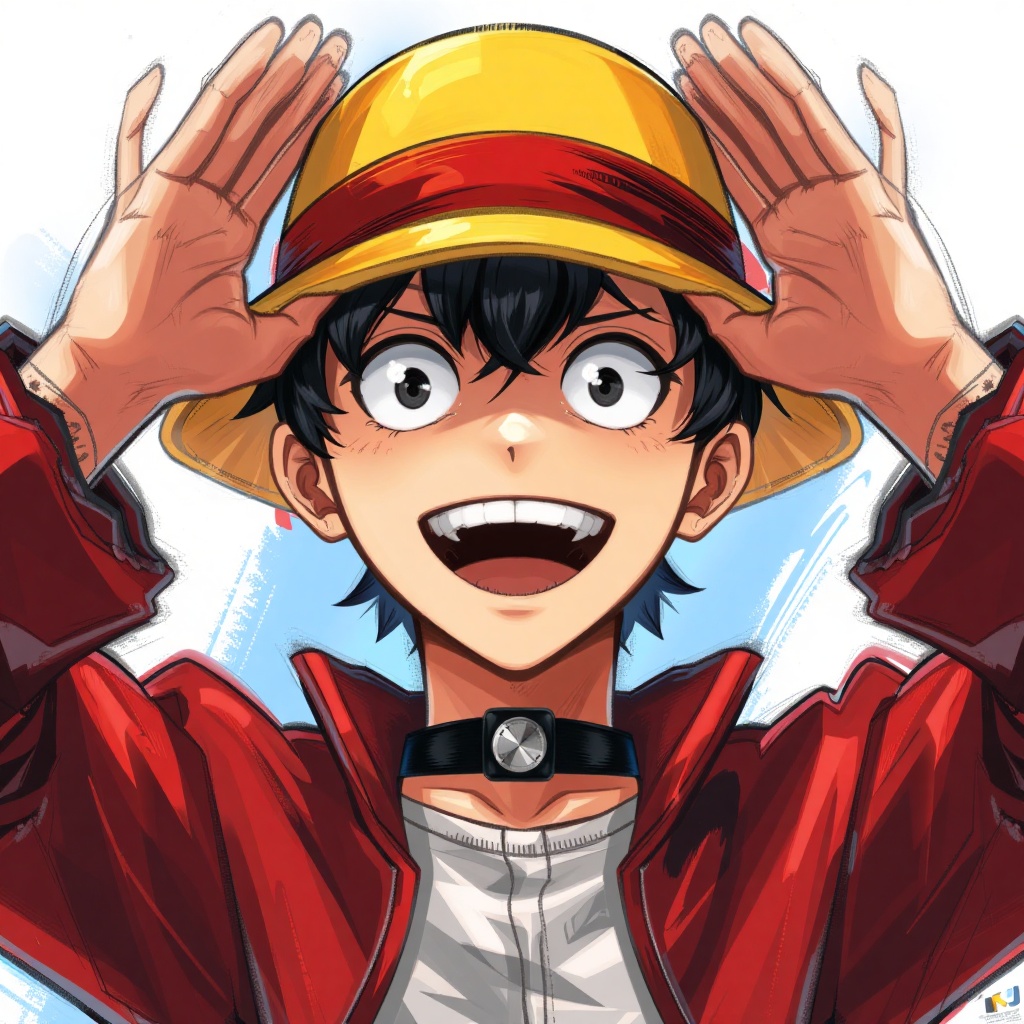 S0koraH3n Style Painting,  A cartoon drawing of a man wearing a yellow hat with a red band around the brim. The man is wea...