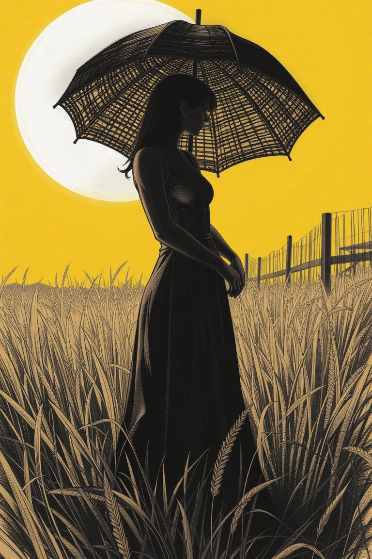 S0koraH3n Style Painting,  featuring a woman standing in a field of tall grass,  donning a long-sleeved dress and holding...