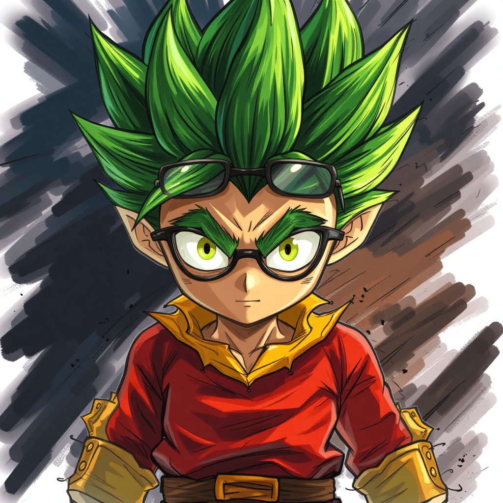 S0koraH3n Style Painting,  A detailed cartoon drawing of a cartoon character with a spiky green head. The character is wea...