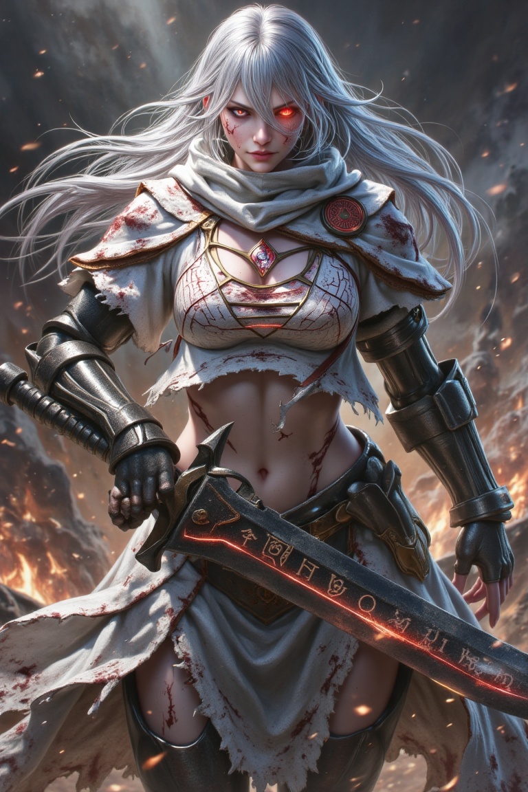A fierce and battle-worn female warrior with long,  flowing silver-white hair,  a single red eye burning with vengeance on...