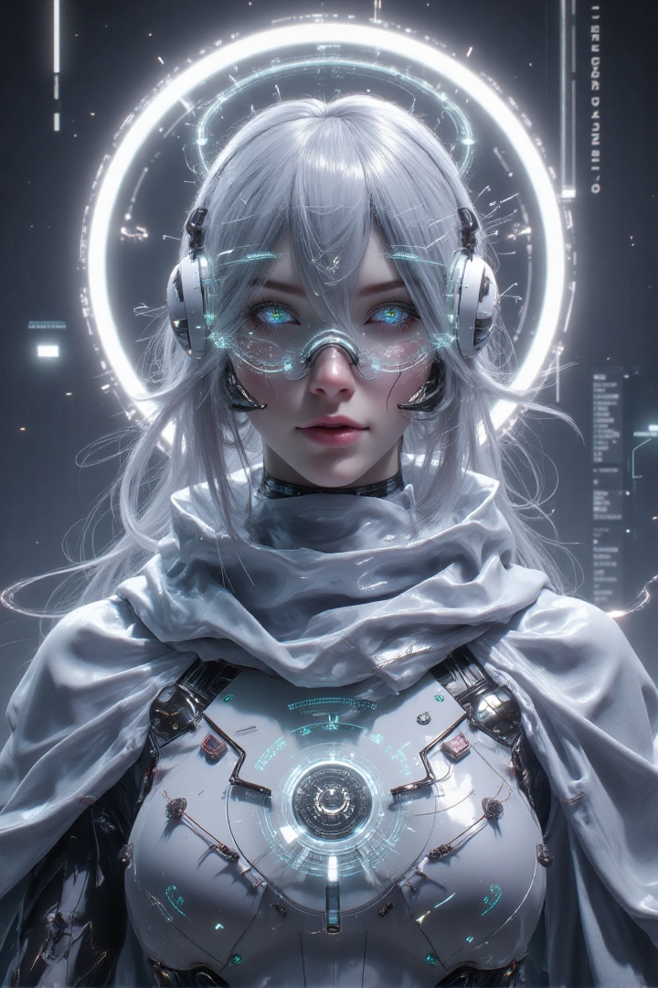 An apex techware girl,  white slivery long hair,  wearing high tech glasses with glowing artificial intelligence HUD displ...