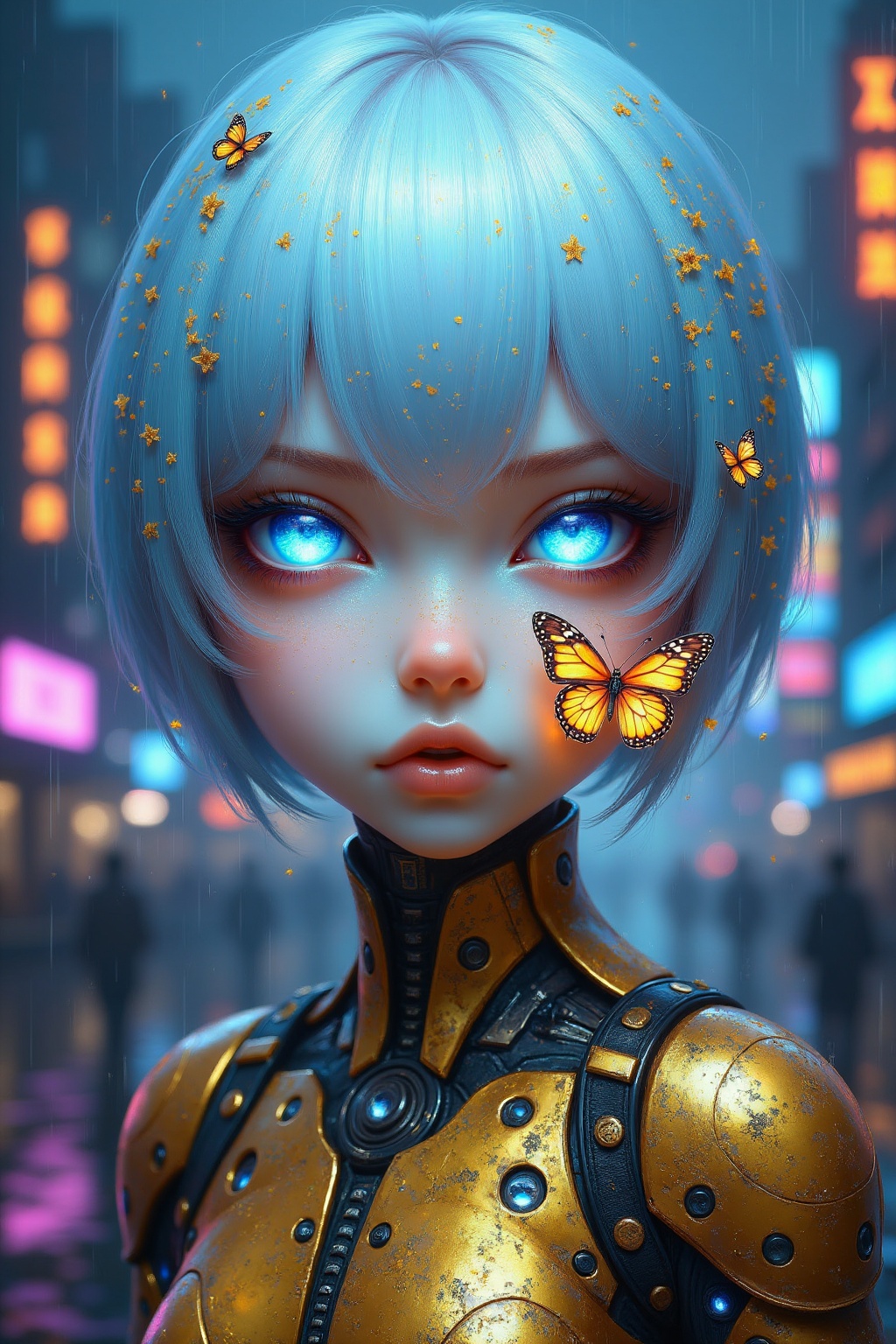 A futuristic Cybernetic girl named Cybernetic Shira with piercing neon-blue eyes,  framed by short icy blue hair with glow...